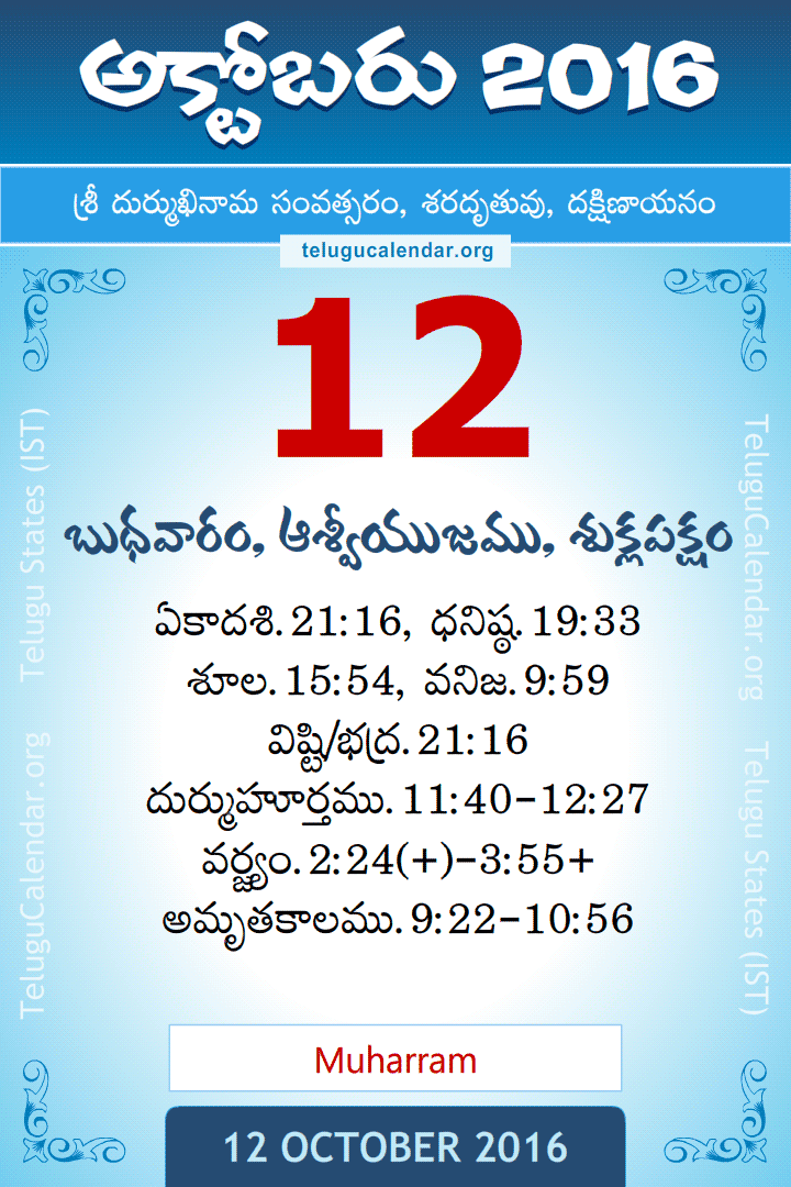 12 October 2016 Telugu Calendar