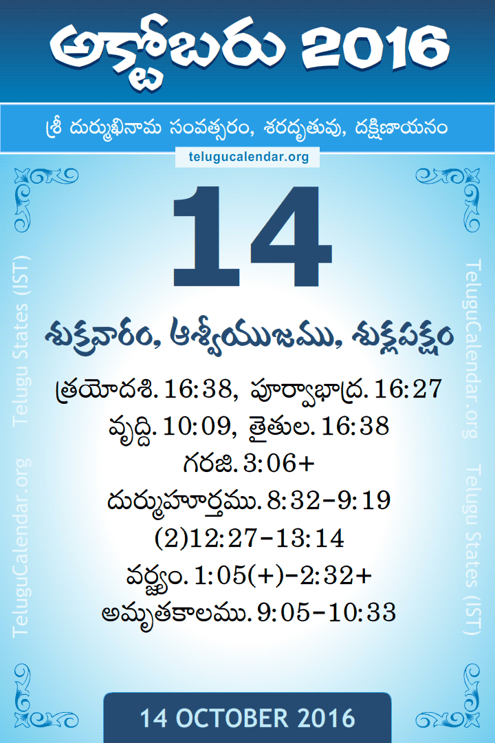 14 October 2016 Telugu Calendar