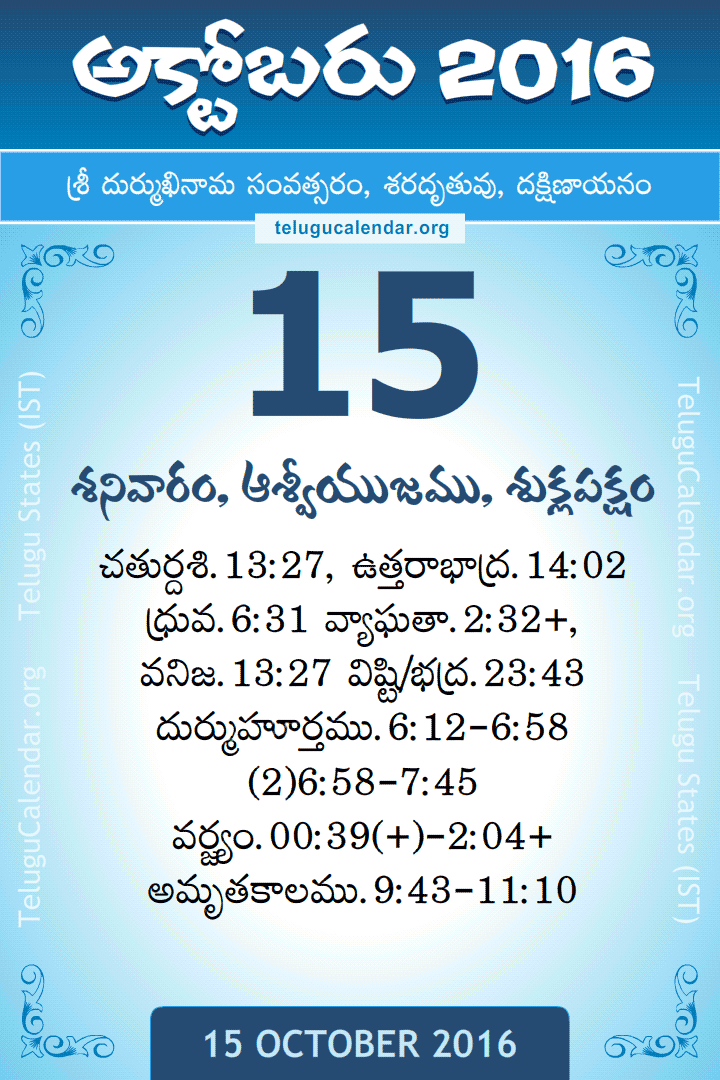 15 October 2016 Telugu Calendar