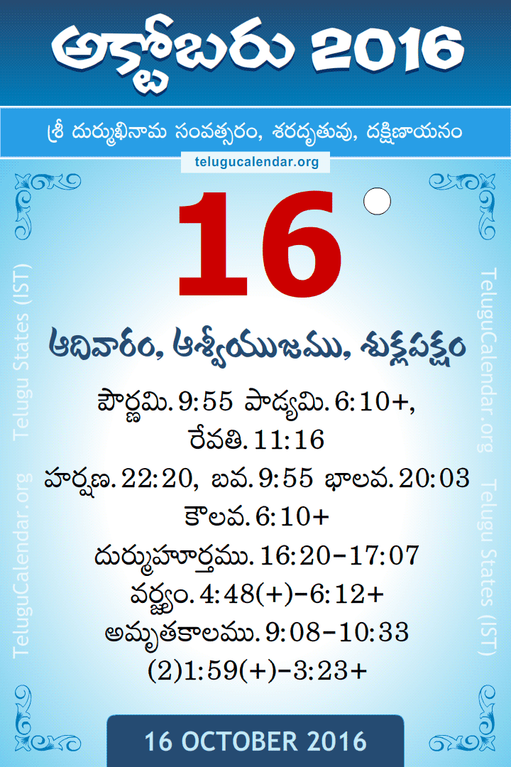 16 October 2016 Telugu Calendar