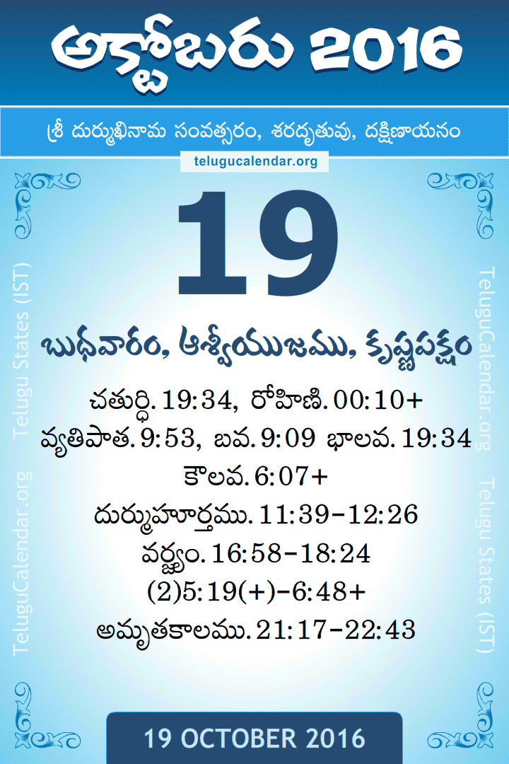19 October 2016 Telugu Calendar