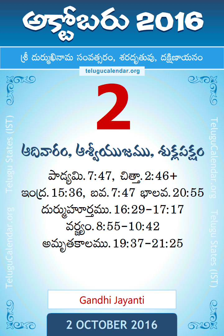 2 October 2016 Telugu Calendar