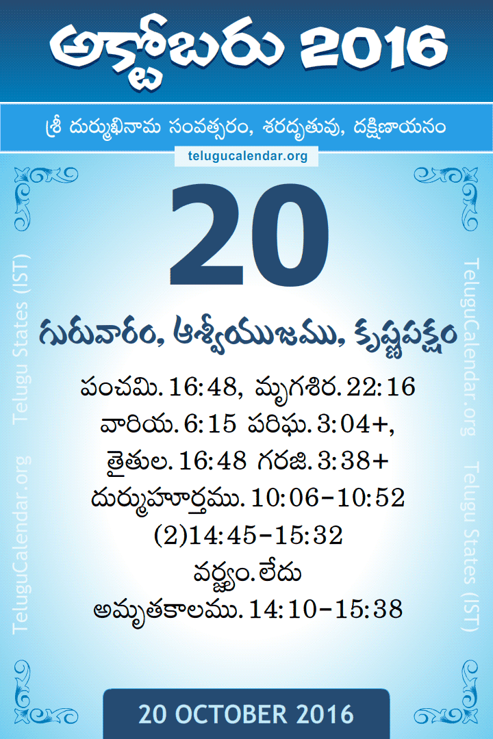 20 October 2016 Telugu Calendar