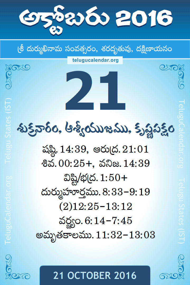 21 October 2016 Telugu Calendar