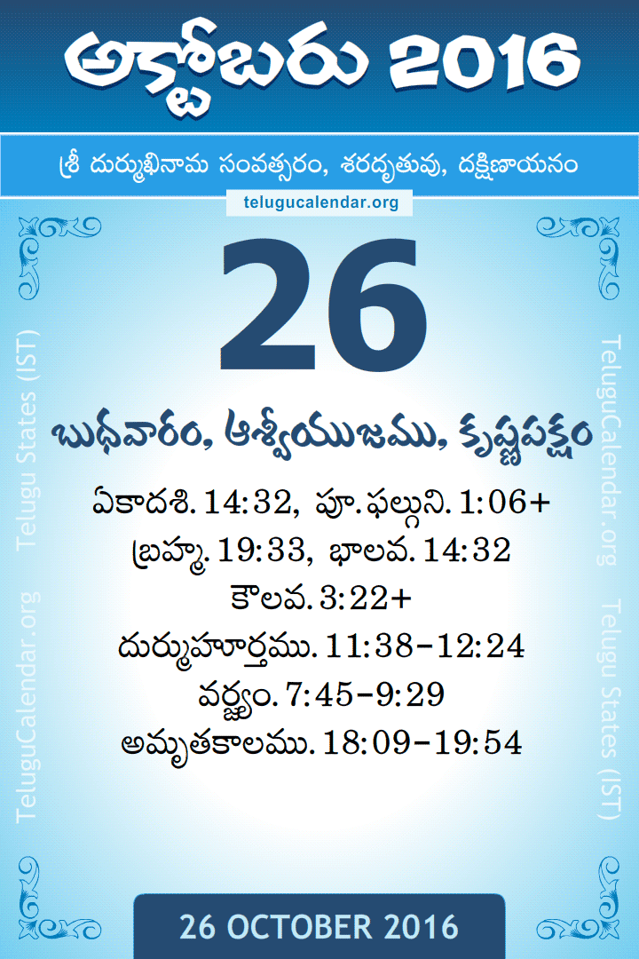 26 October 2016 Telugu Calendar