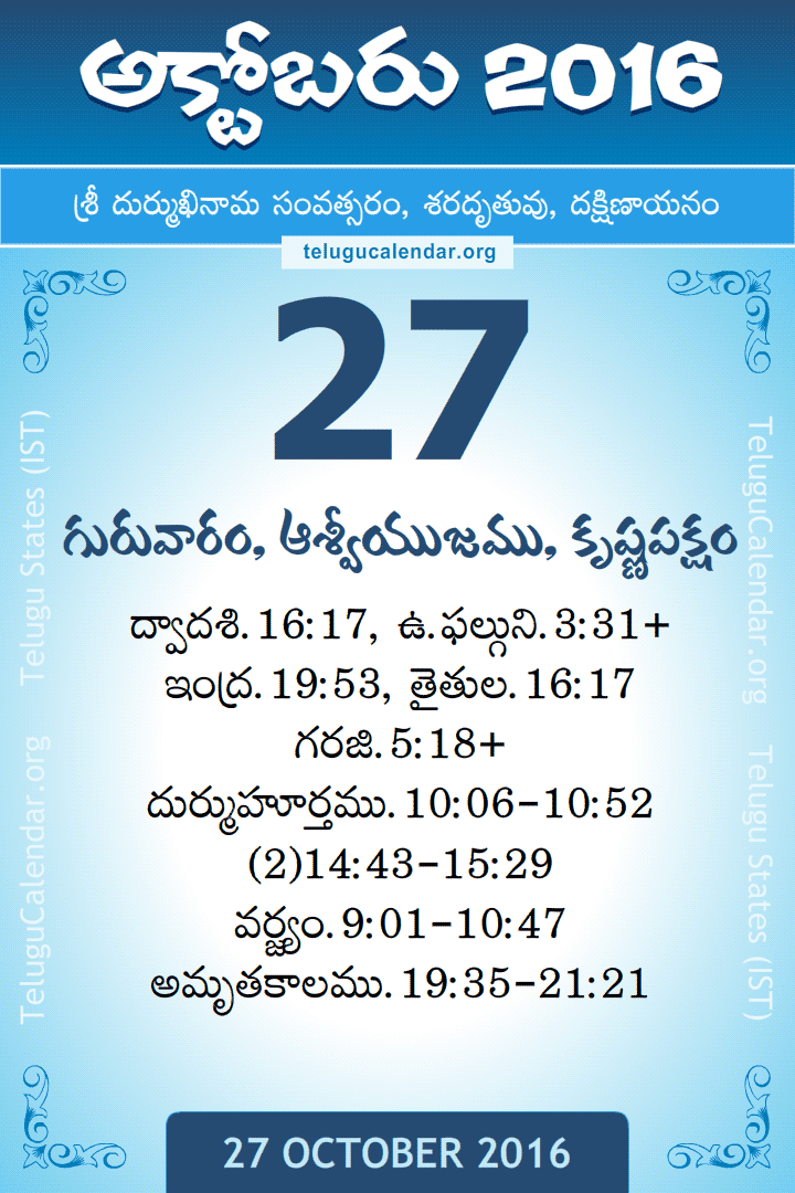 27 October 2016 Telugu Calendar