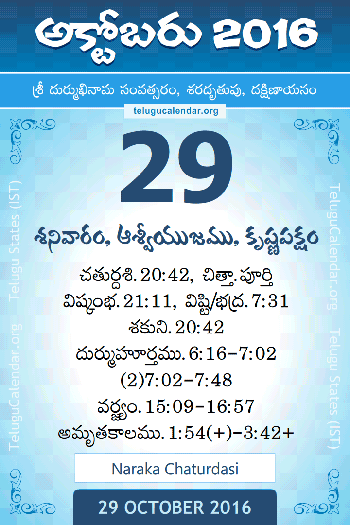 29 October 2016 Telugu Calendar