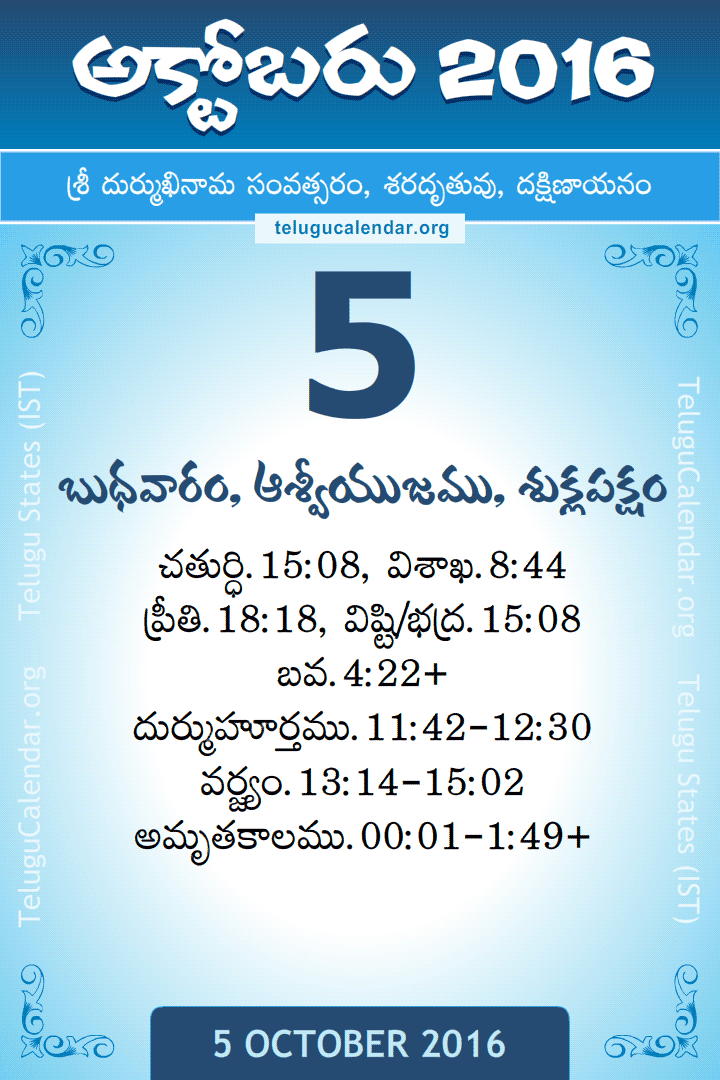 5 October 2016 Telugu Calendar