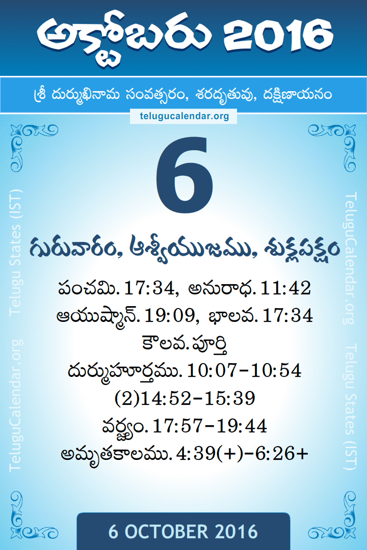6 October 2016 Telugu Calendar