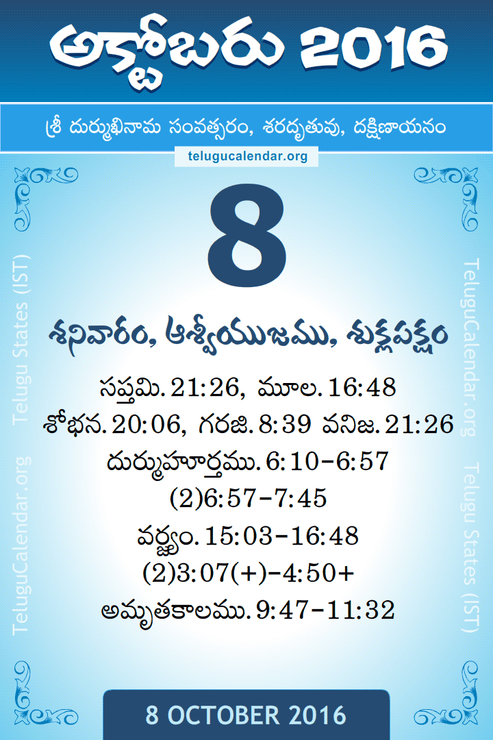 8 October 2016 Telugu Calendar