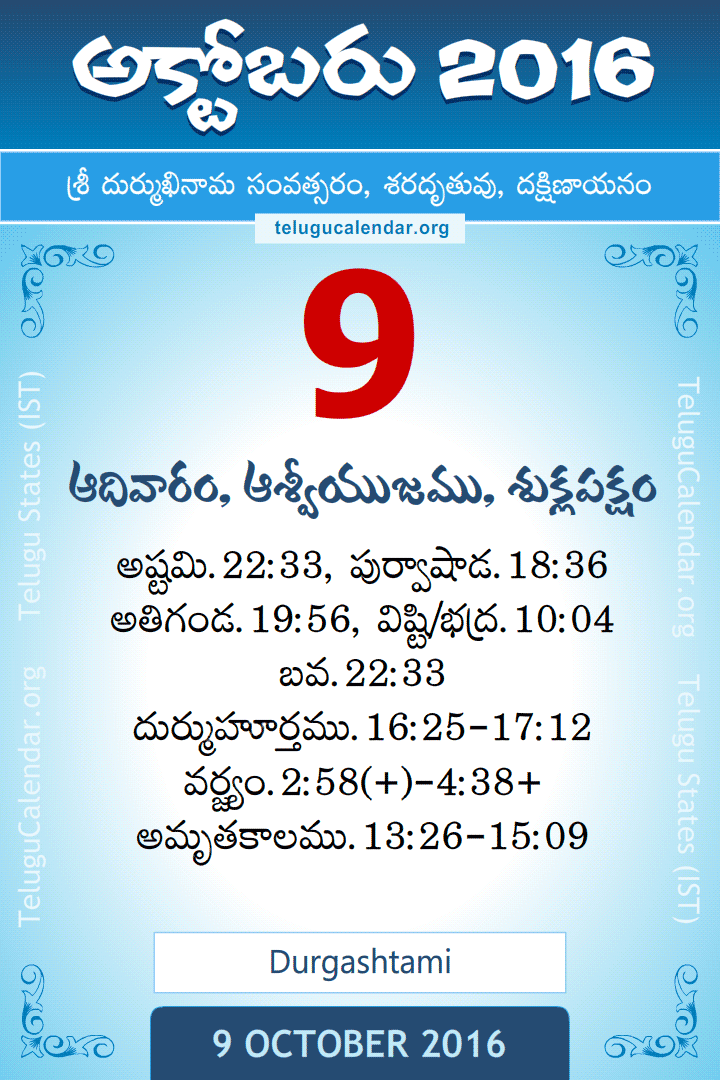 9 October 2016 Telugu Calendar
