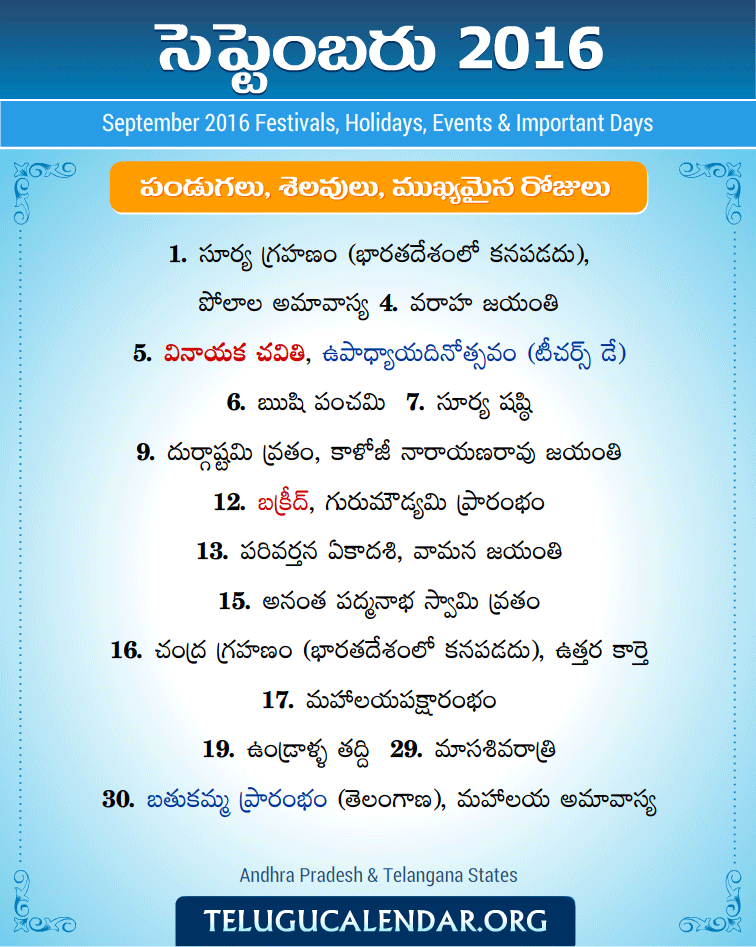 Telugu Festivals 2016 September
