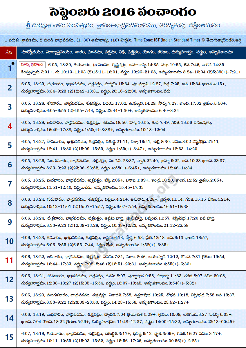 Telugu Panchangam 2016 September Sheet-1