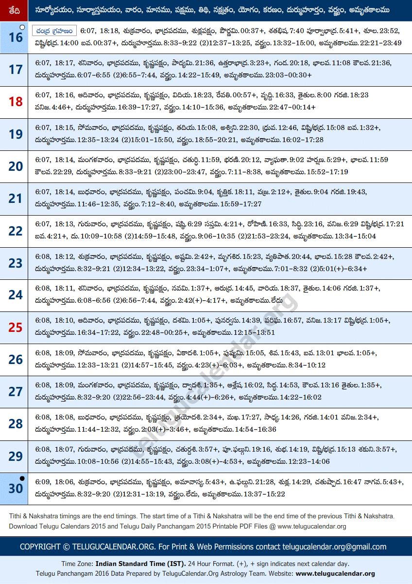 Telugu Panchangam 2016 September Sheet-2