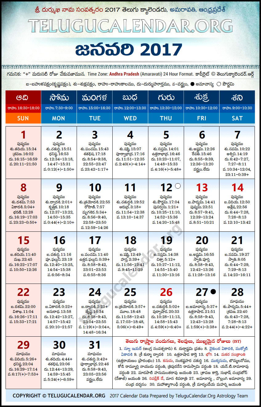 Telugu Calendar 2017 January, Andhra Pradesh