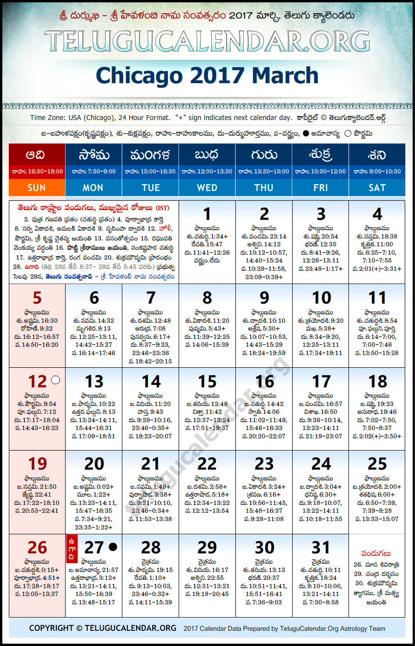 Telugu Calendar 2017 March, Chicago