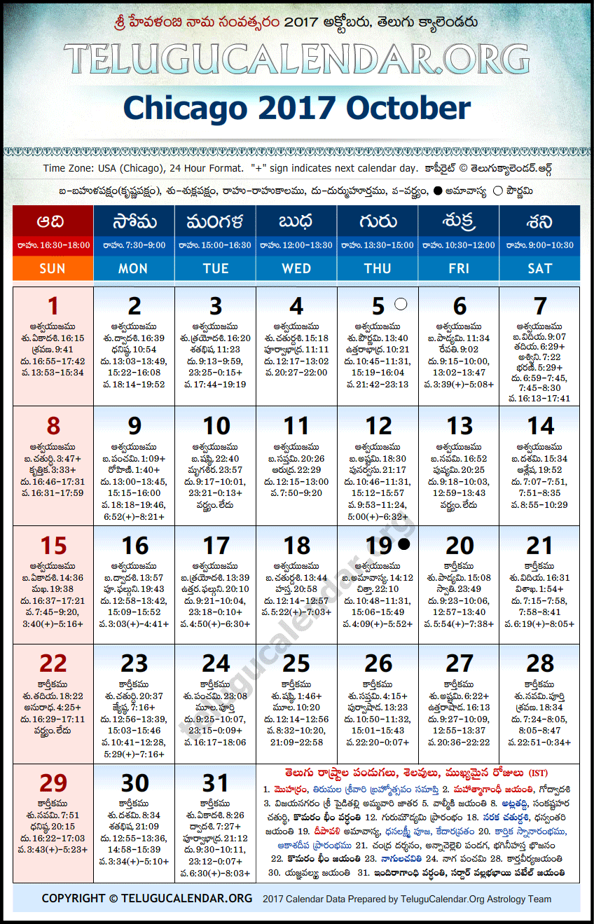 Telugu Calendar 2017 October, Chicago