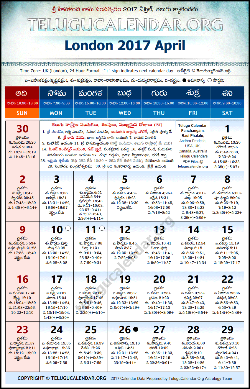 Telugu Calendar 2017 April, London