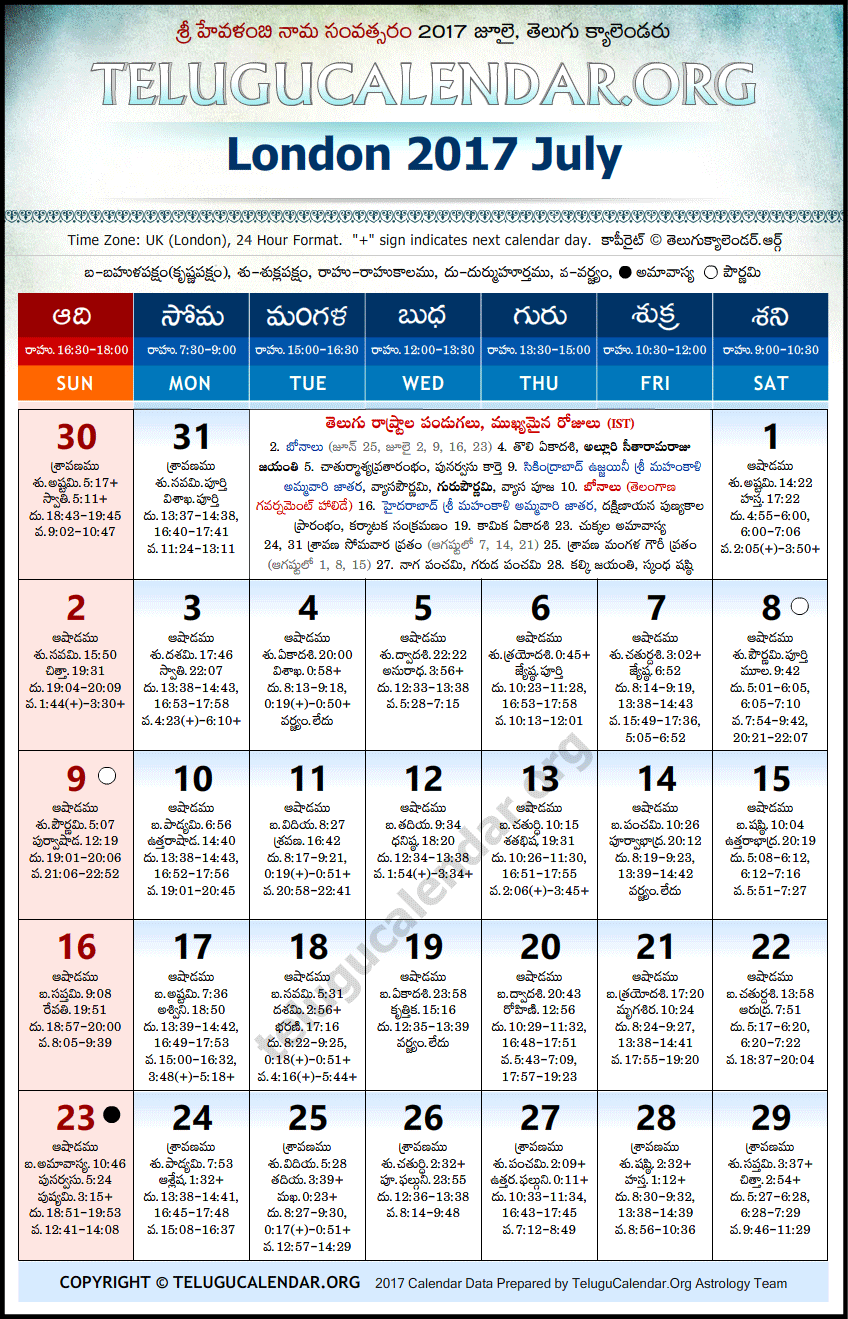 Telugu Calendar 2017 July, London
