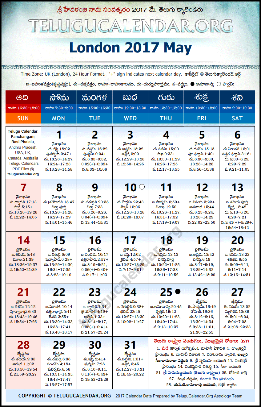 Telugu Calendar 2017 May, London