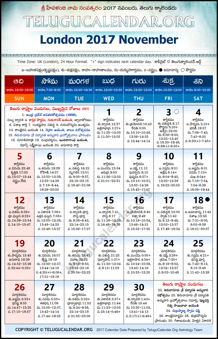 Telugu Calendar 2017 November, London