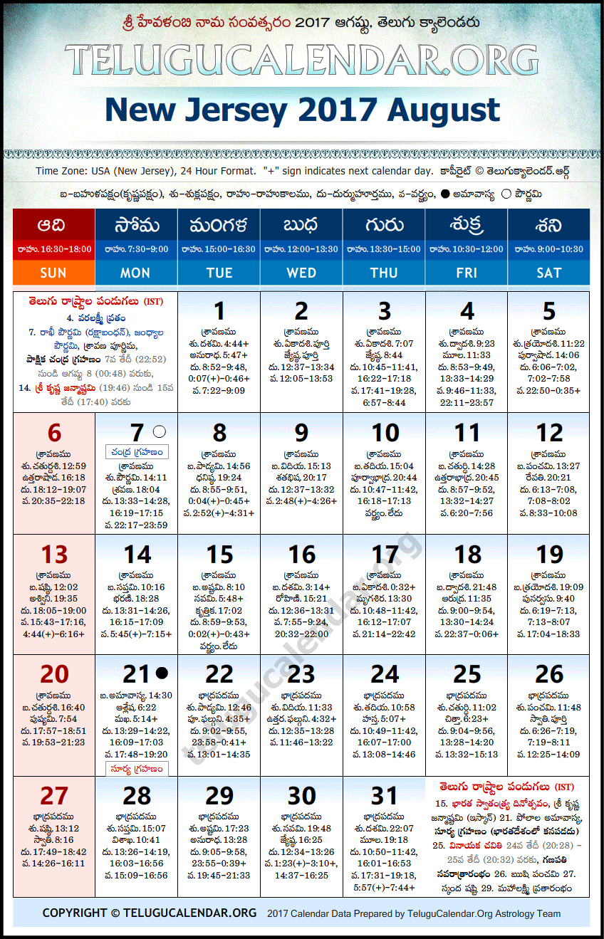 Telugu Calendar 2017 August, New Jersey