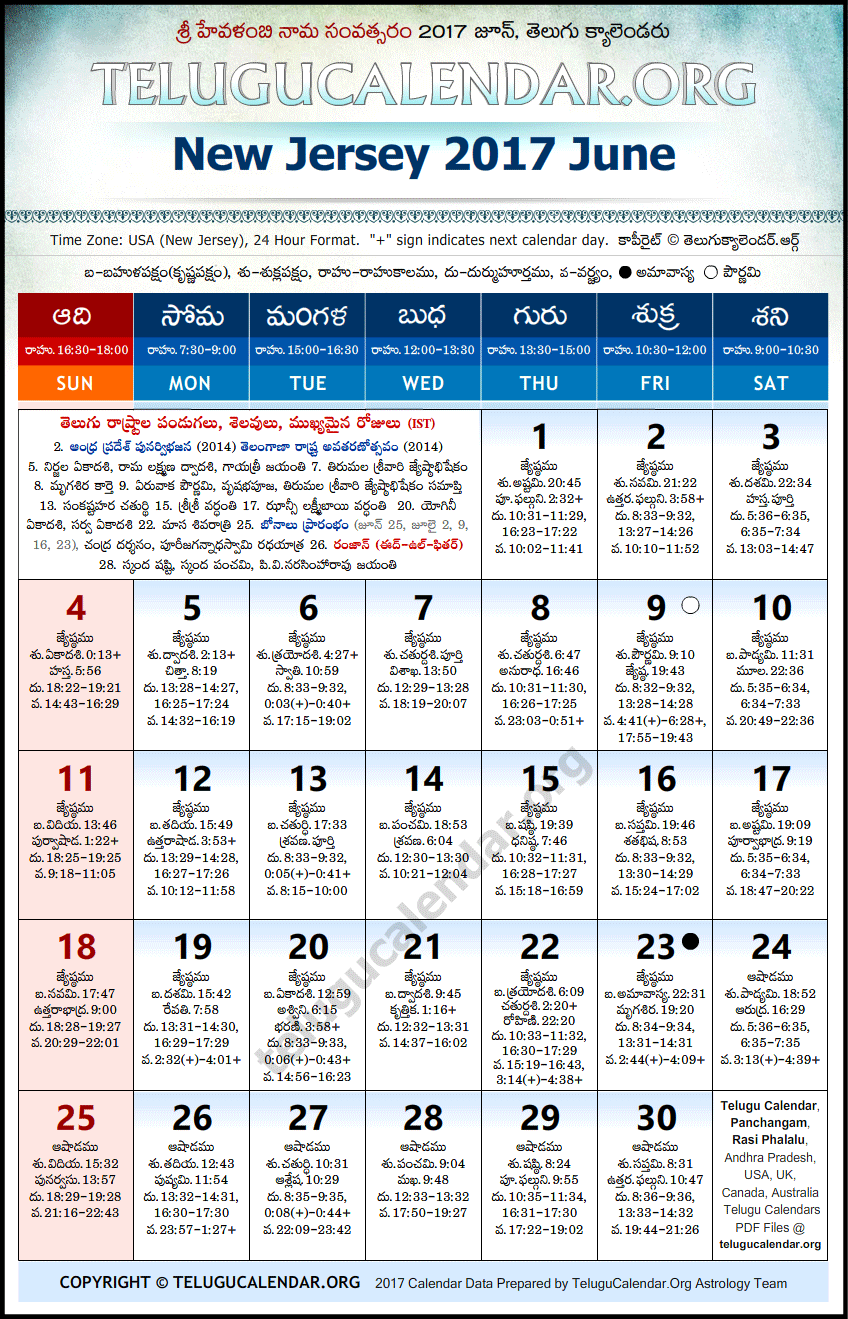 Telugu Calendar 2017 June, New Jersey