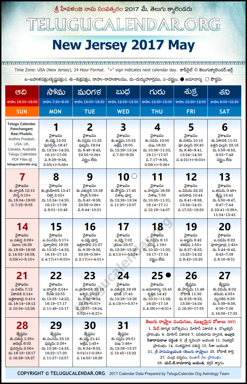 Telugu Calendar 2017 May, New Jersey