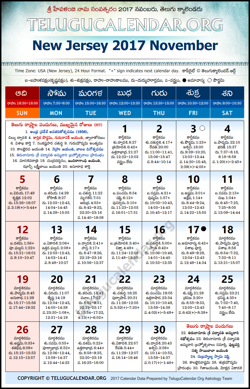 Telugu Calendar 2017 November, New Jersey