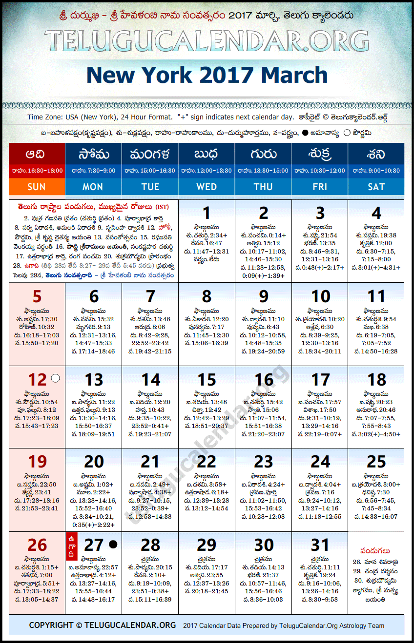 Telugu Calendar 2017 March, New York