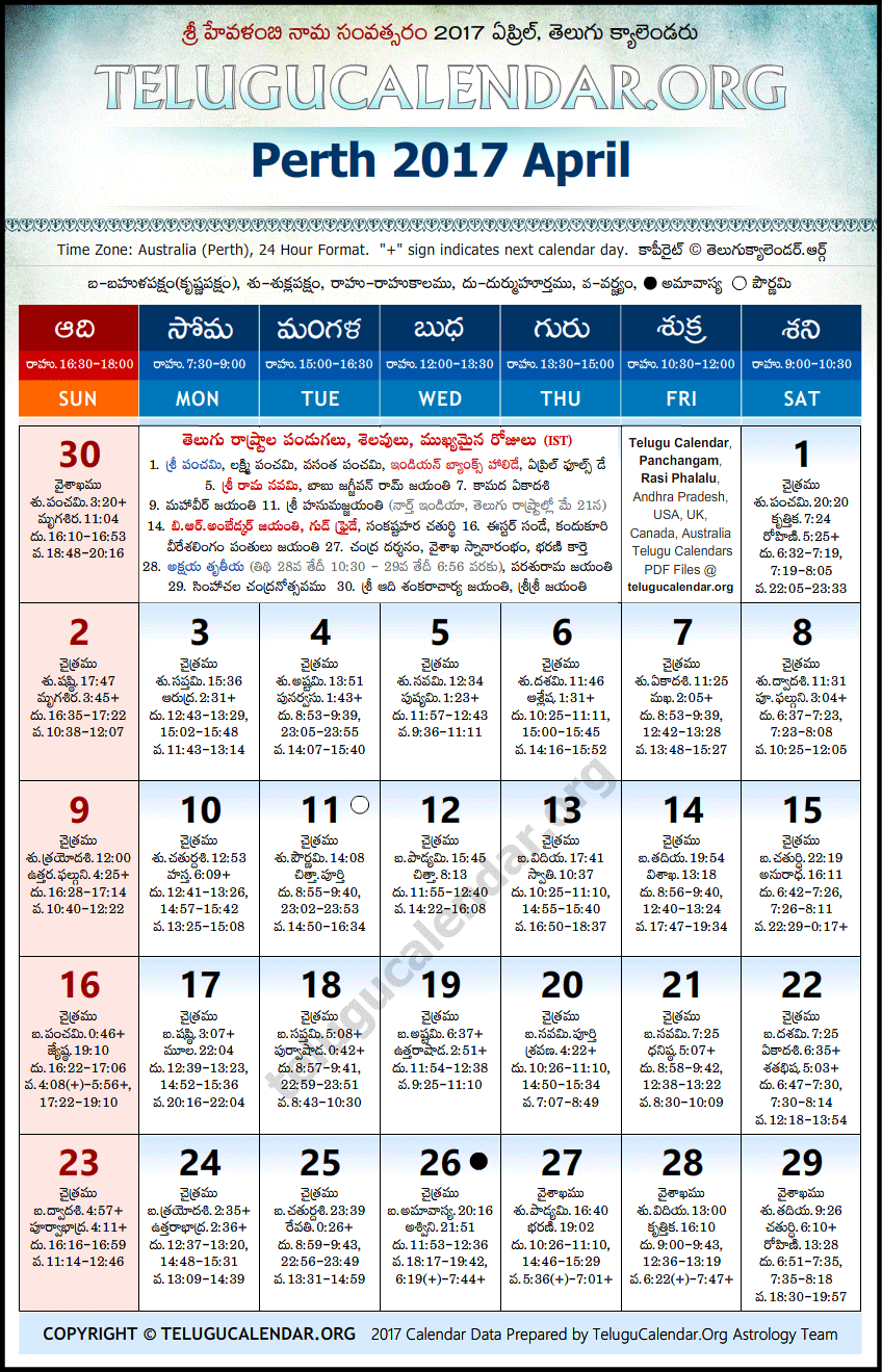 Telugu Calendar 2017 April, Perth