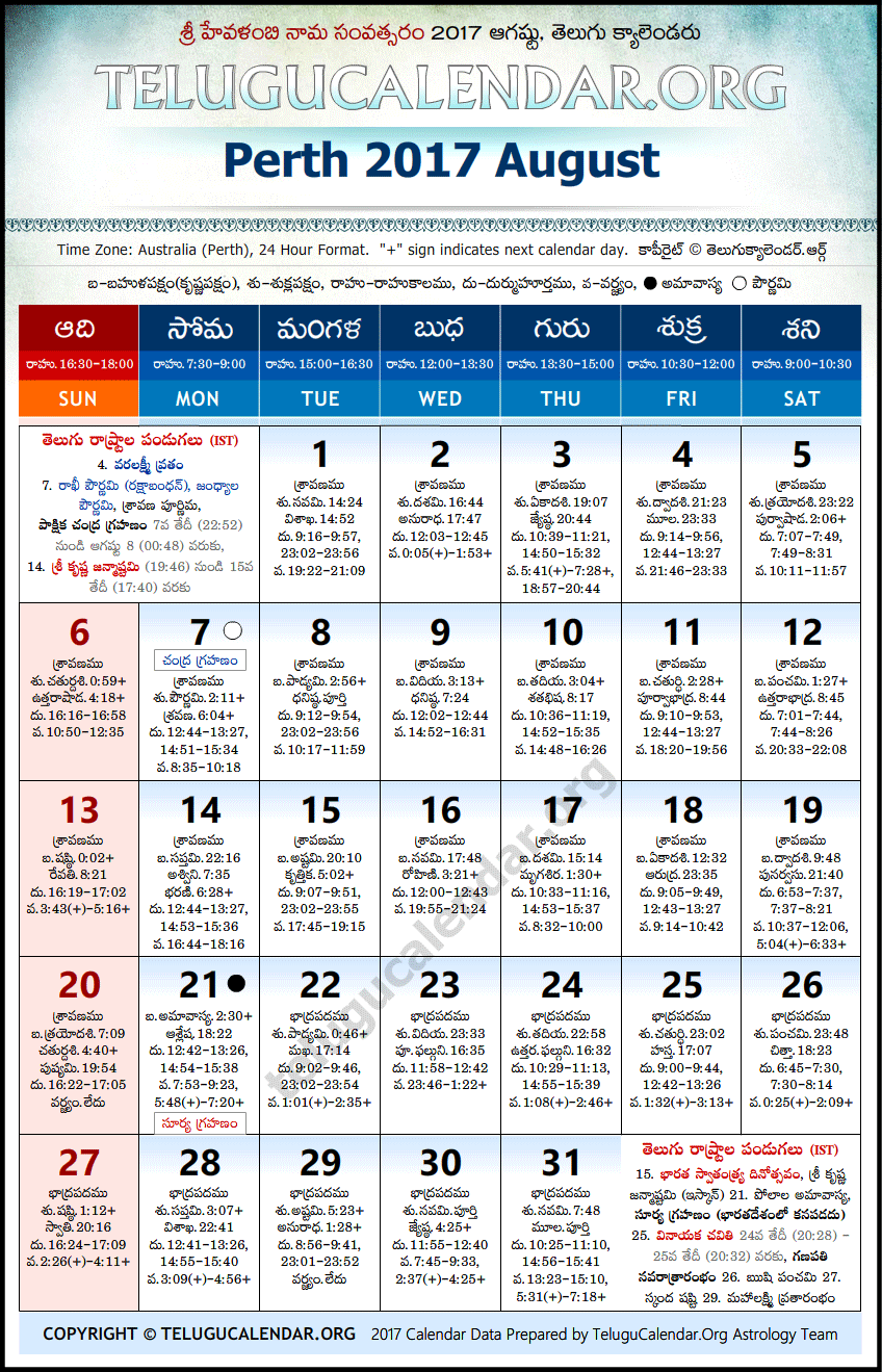 Telugu Calendar 2017 August, Perth