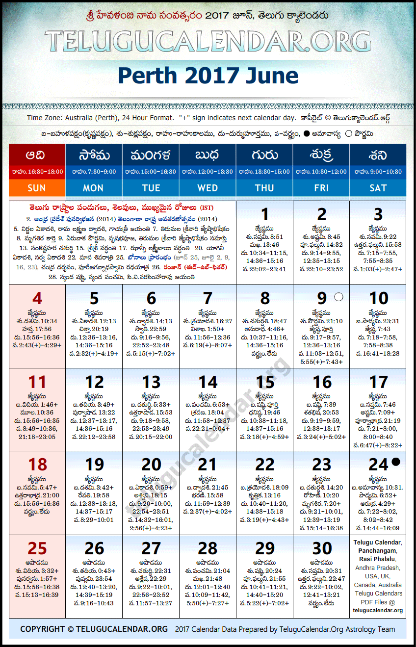 Telugu Calendar 2017 June, Perth