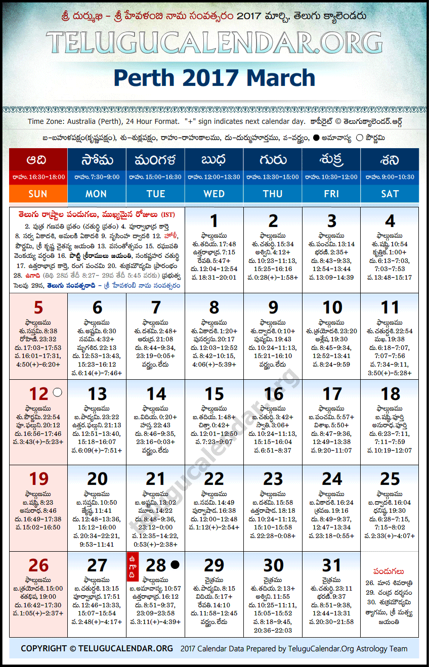 Telugu Calendar 2017 March, Perth