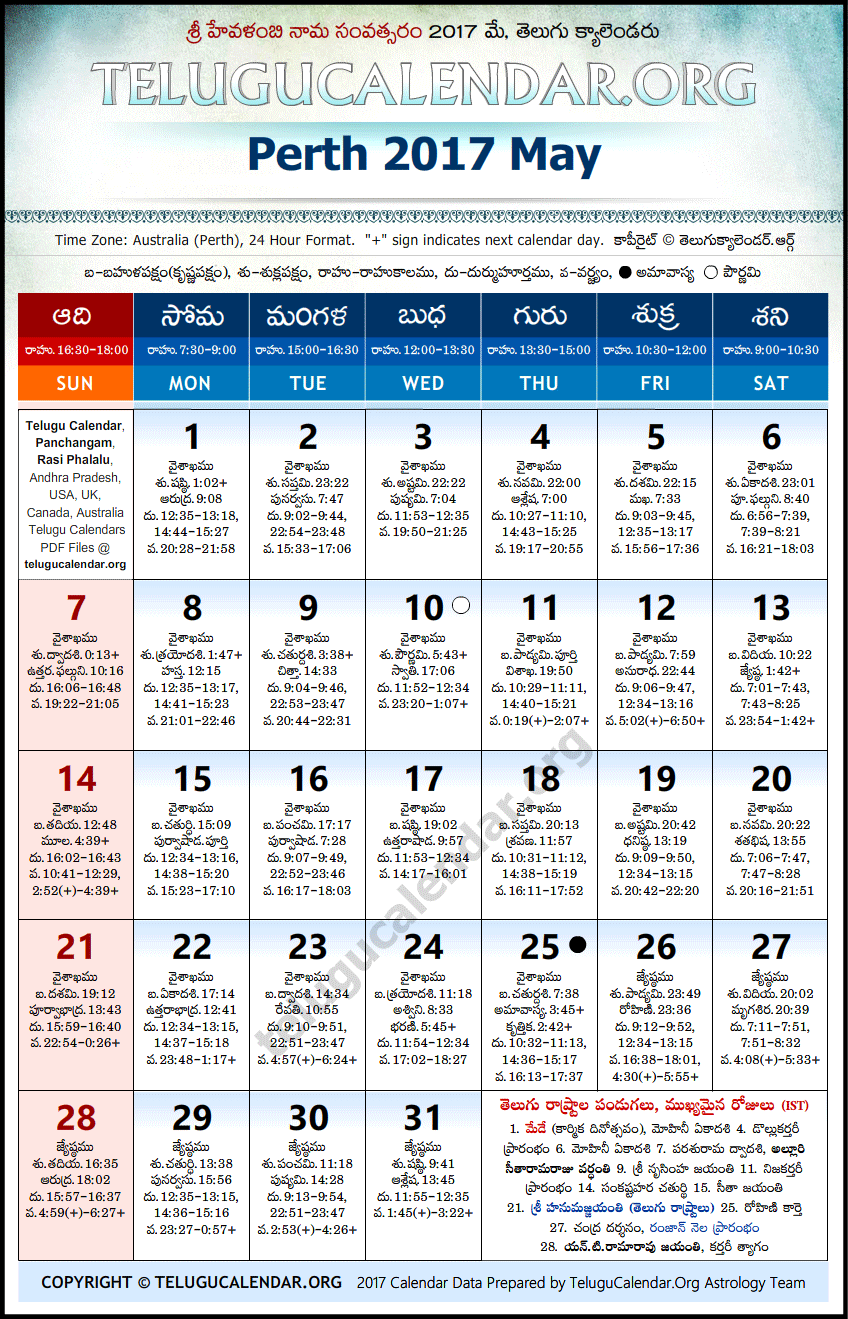 Telugu Calendar 2017 May, Perth