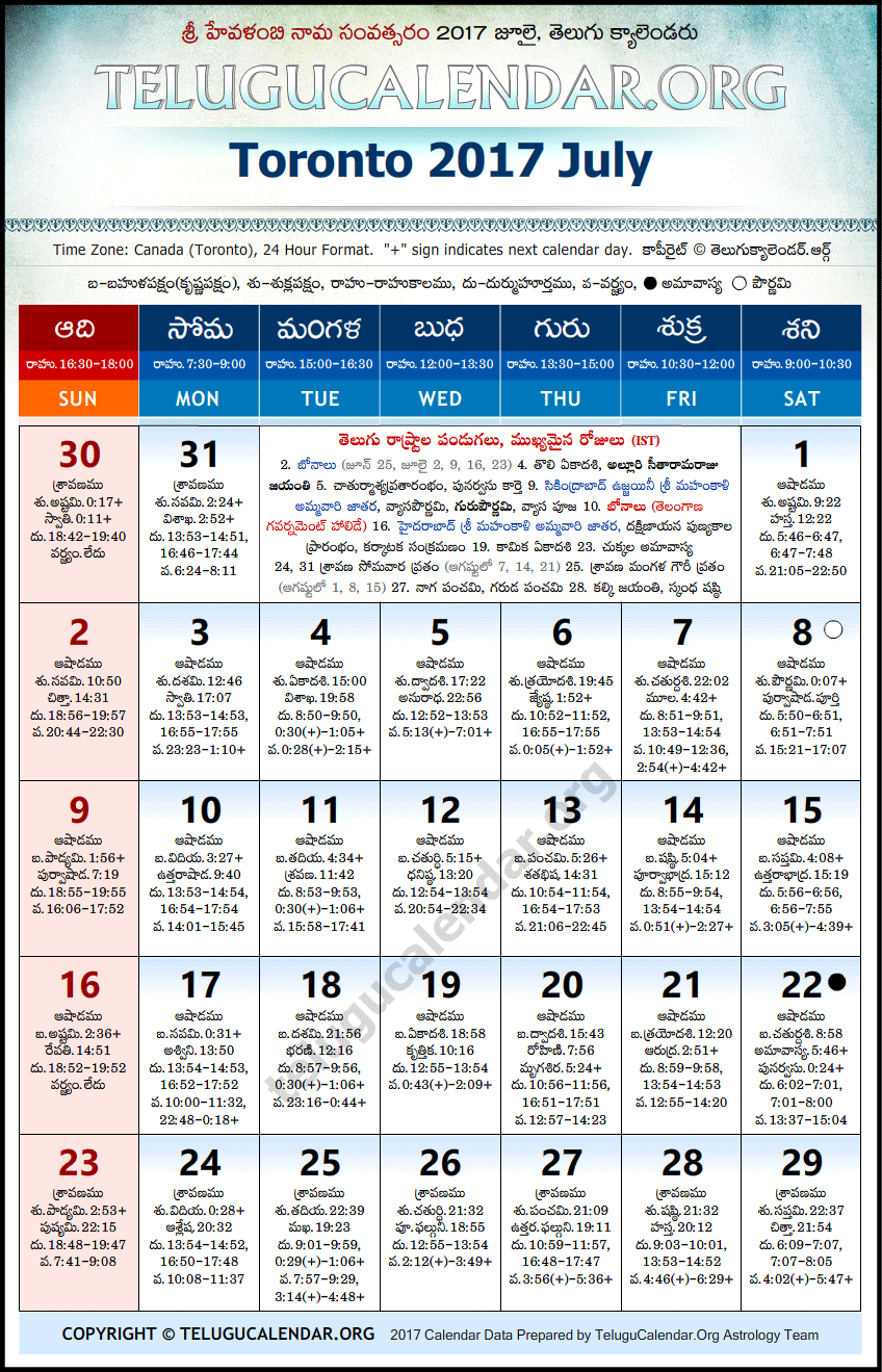 Telugu Calendar 2017 July, Toronto