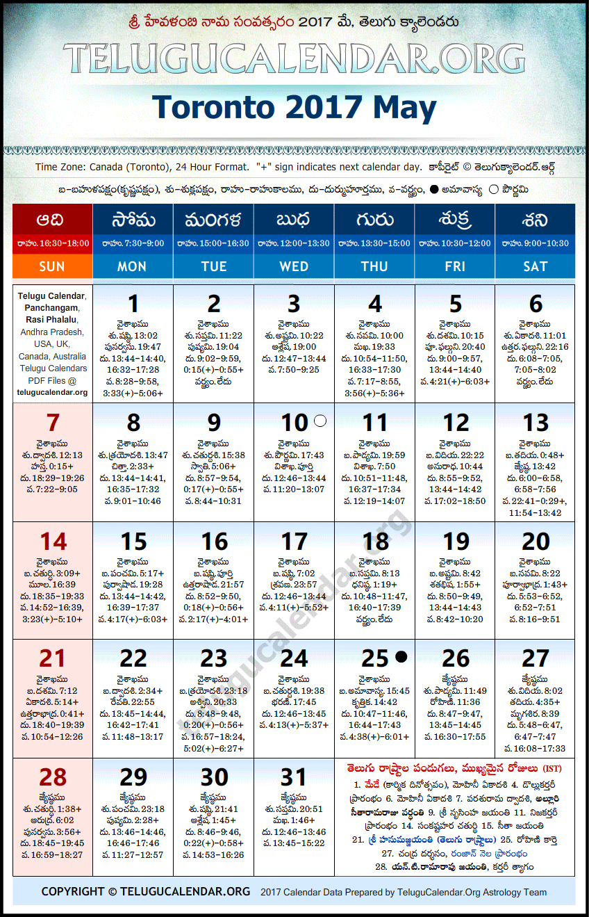 Telugu Calendar 2017 May, Toronto