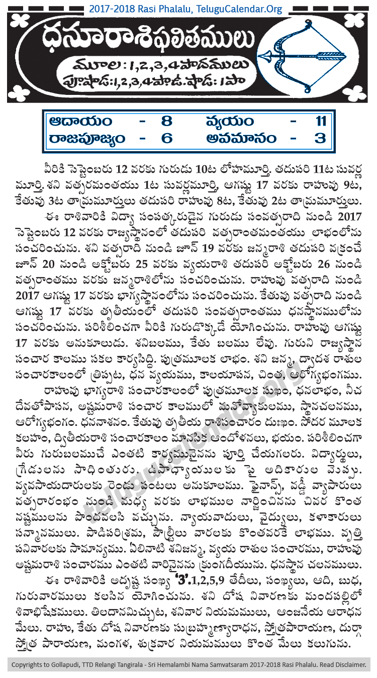 Telugu Dhannus (Sagittarius) Rasi Phalalu 2017-2018