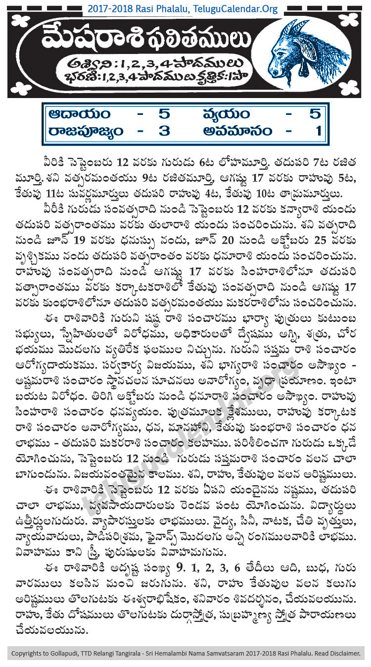 Telugu Mesha (Aries) Rasi Phalalu 2017-2018