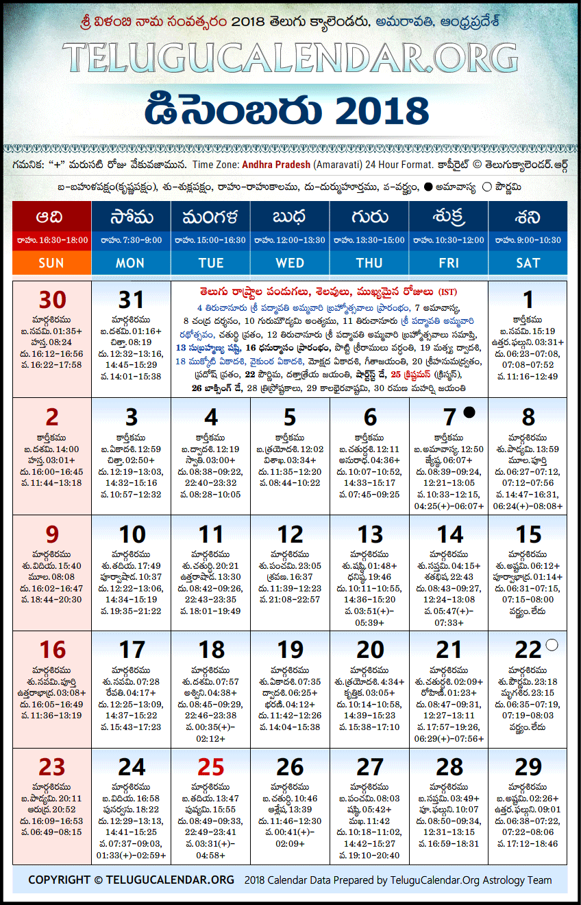 Telugu Calendar 2018 December, Andhra Pradesh