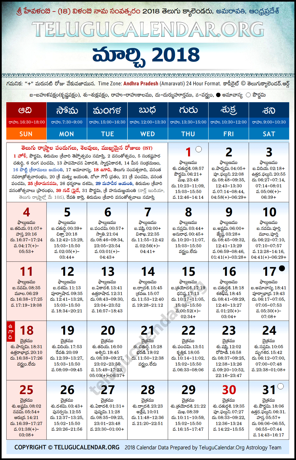 Andhra Pradesh Telugu Calendar 2018 March High Resolution Download