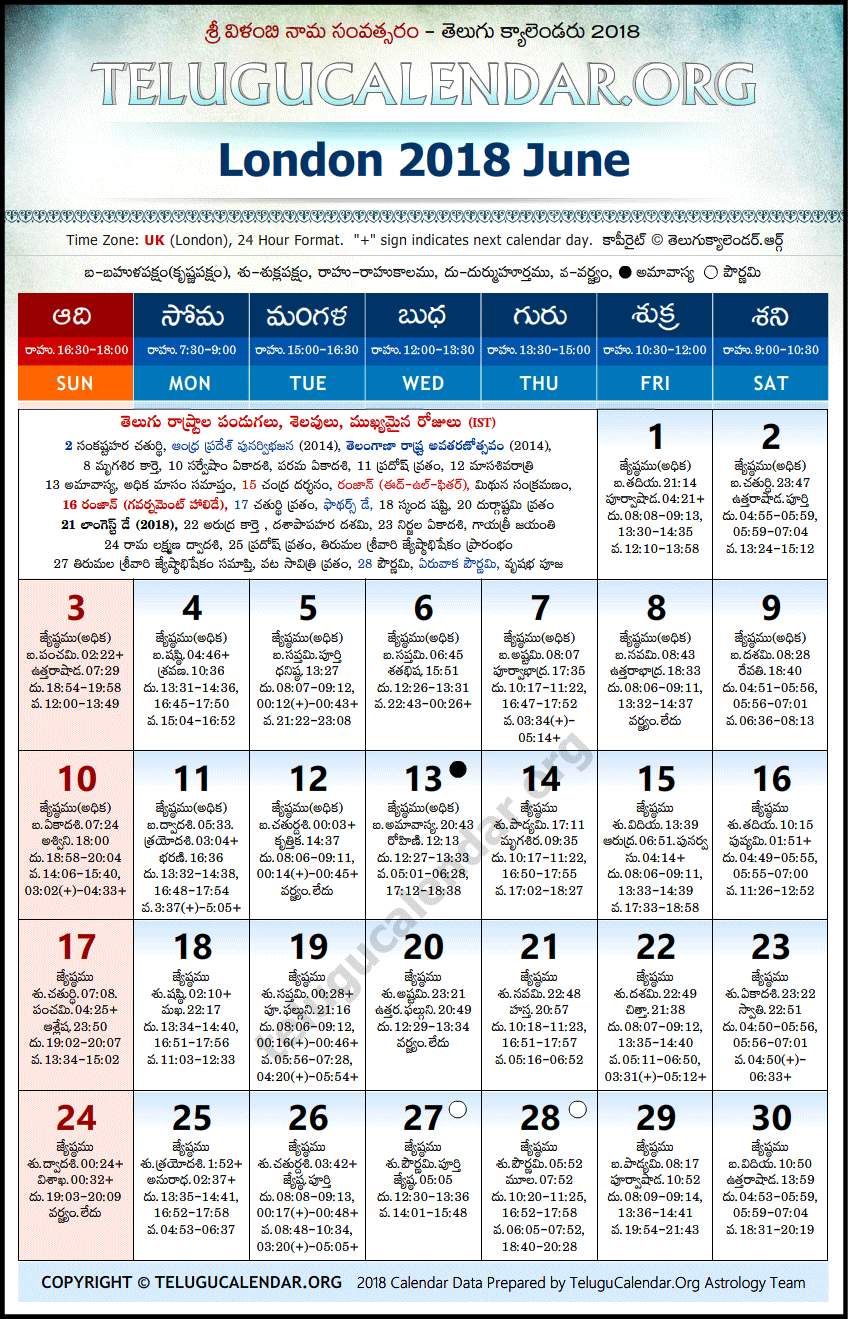 Telugu Calendar 2018 June, London