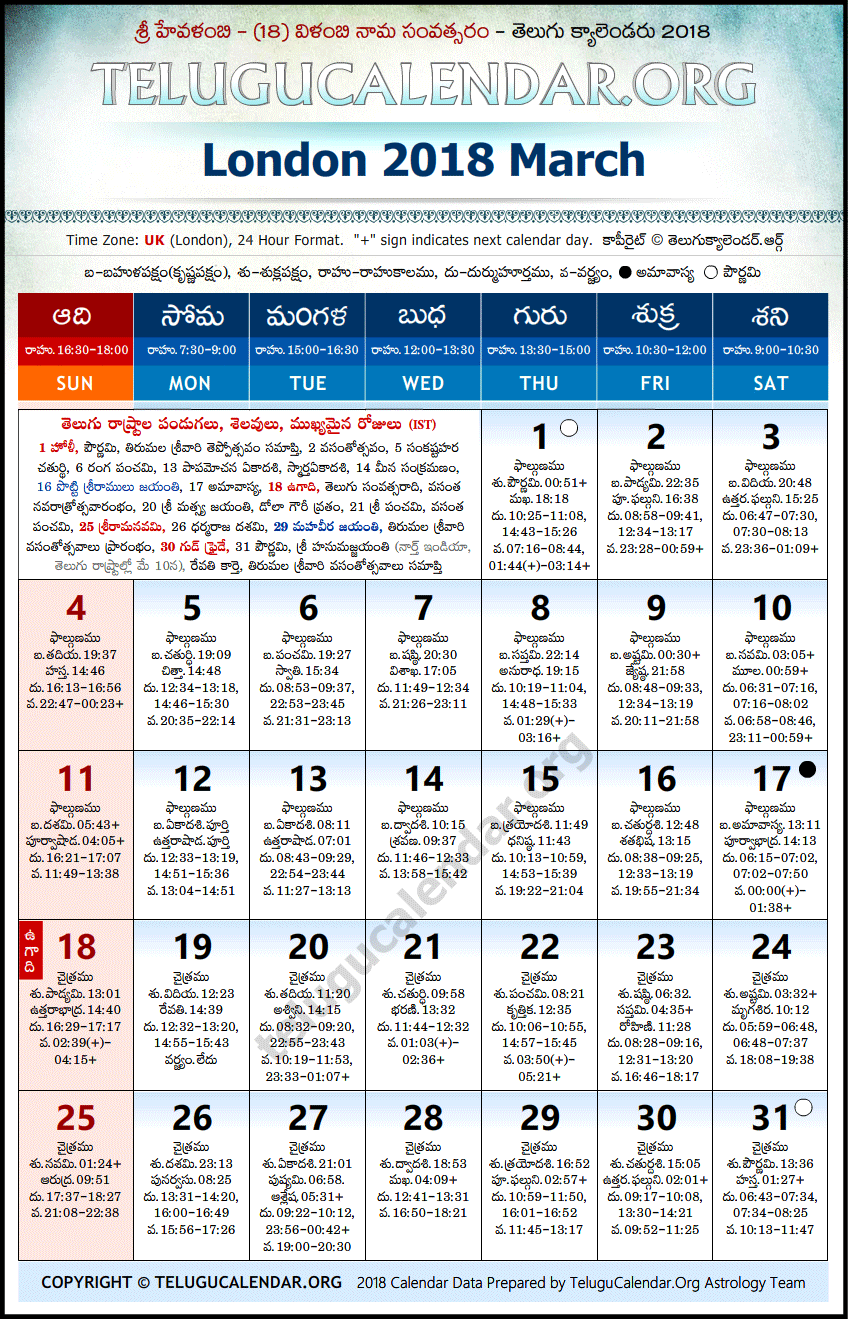 Telugu Calendar 2018 March, London