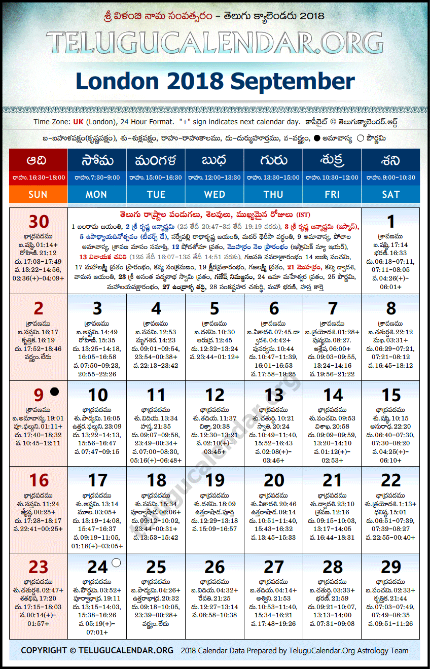 Telugu Calendar 2018 September, London