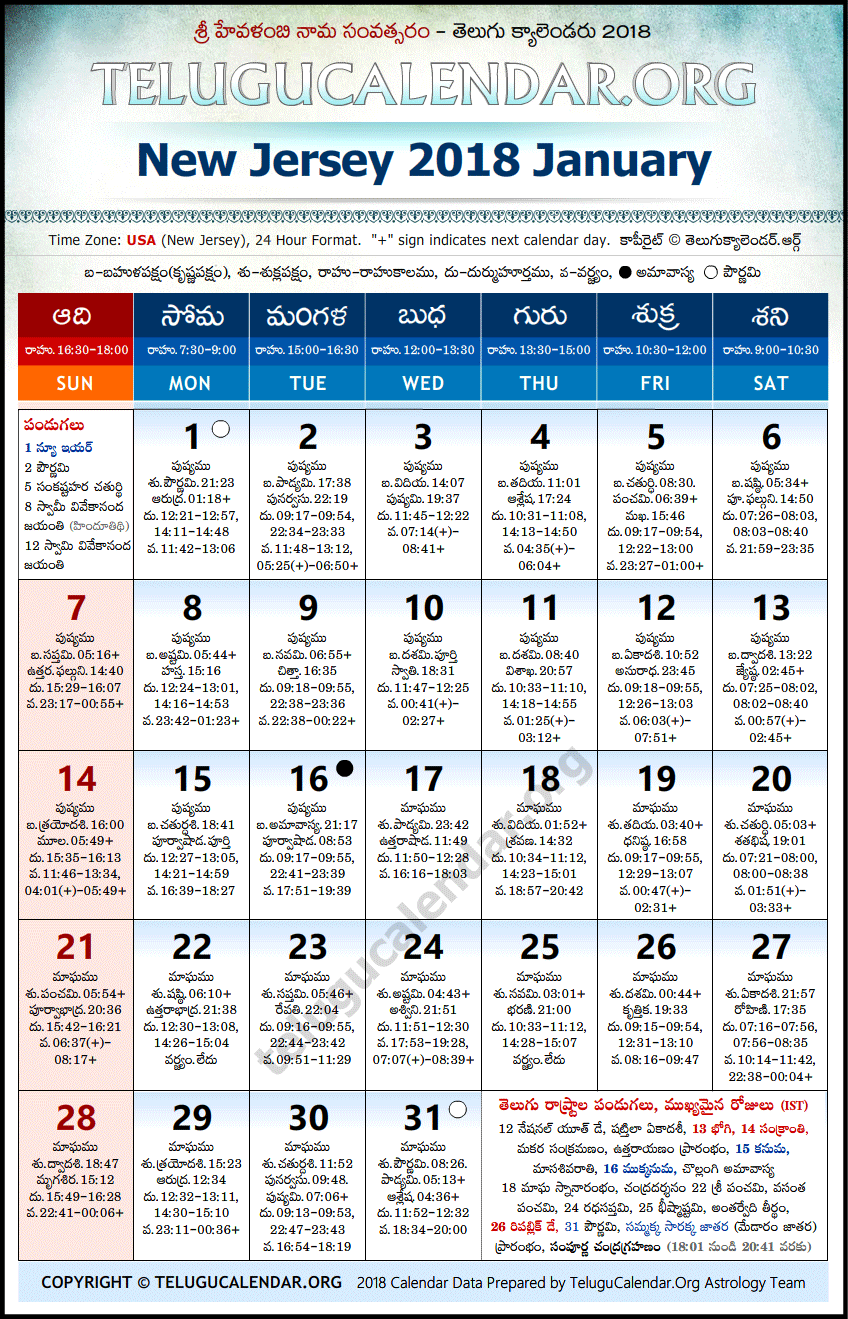 Telugu Calendar 2018 January, New Jersey