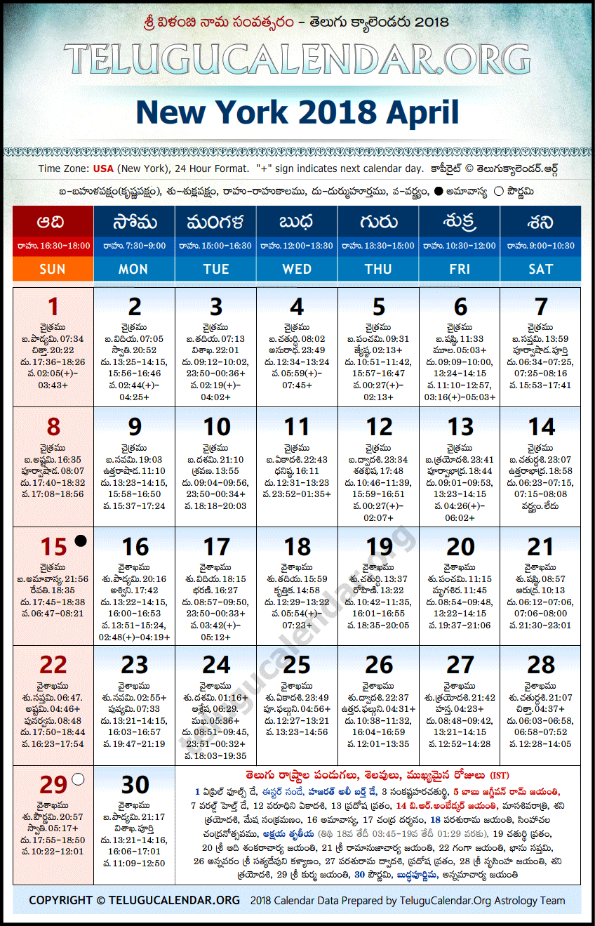 Telugu Calendar 2018 April, New York