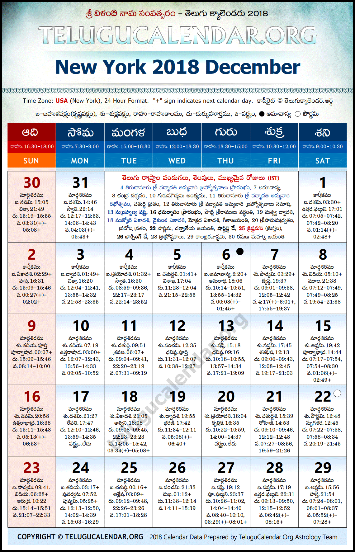 New York Telugu Calendar 2018 December High Resolution Download