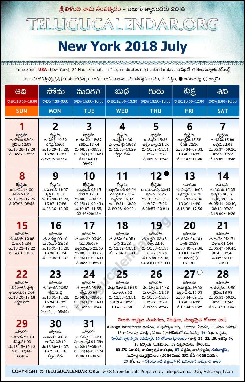 Telugu Calendar 2018 July, New York