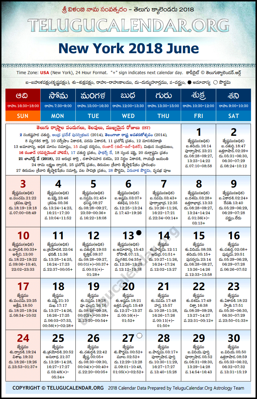 Telugu Calendar 2018 June, New York