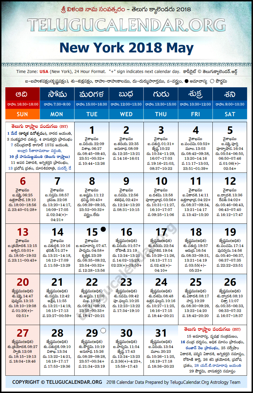 Telugu Calendar 2018 May, New York